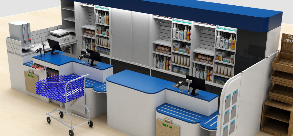 3D render of supermarket checkout desk and backline shelving