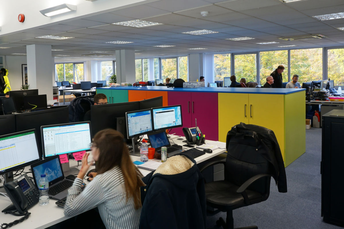 Workplace office fitted out and installed by Aspen Concepts 4 colourful cupboards for storage