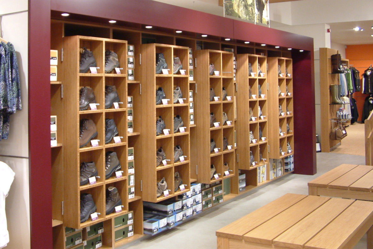 walking shop boot display wooden pigeon holes made by Aspen Concepts