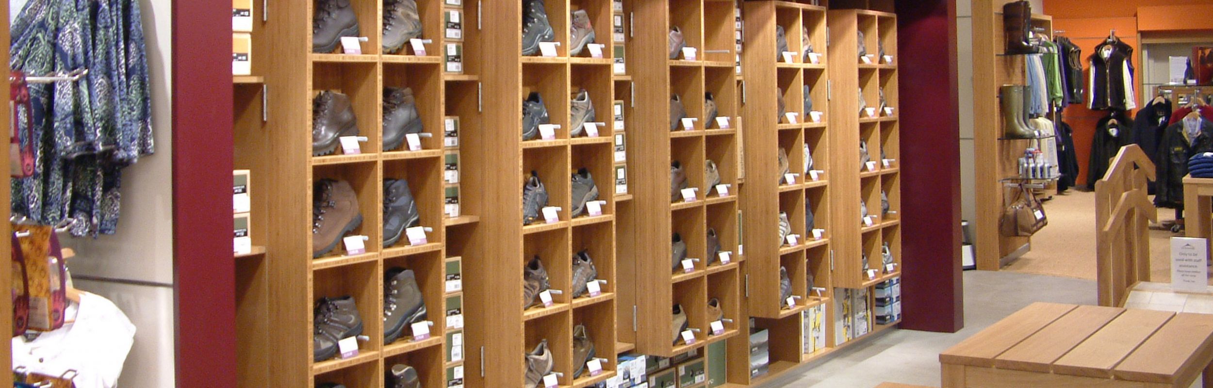 walking shop boot display wooden pigeon holes made by Aspen Concepts