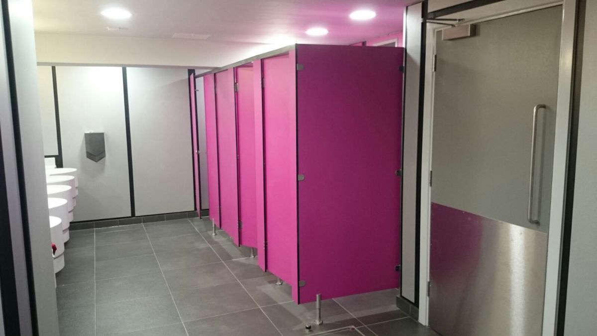 pink toilet cubicles