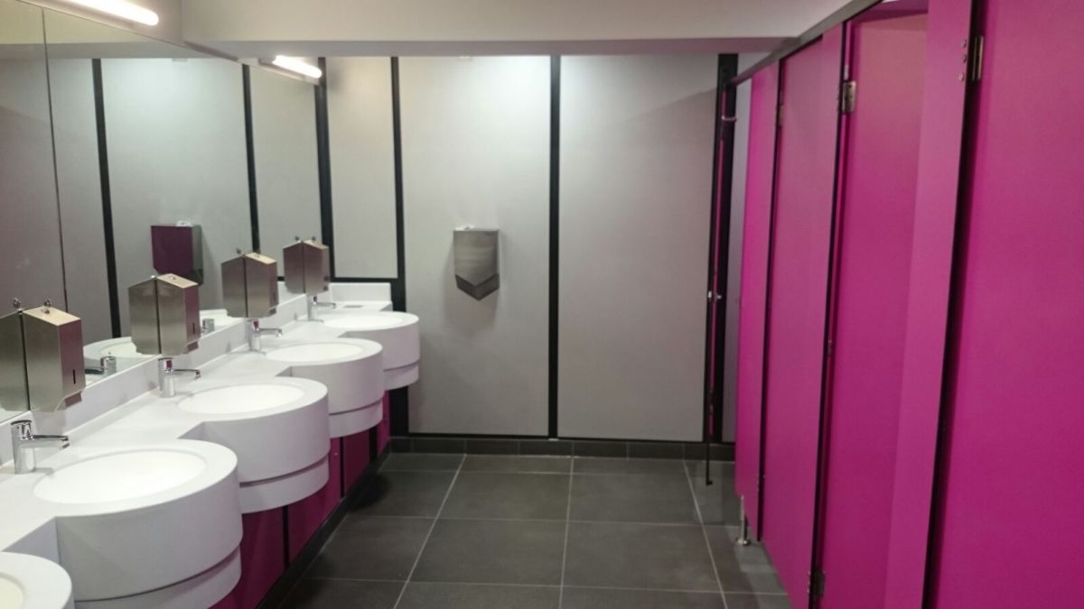vanity units and toilet cubicles in pink