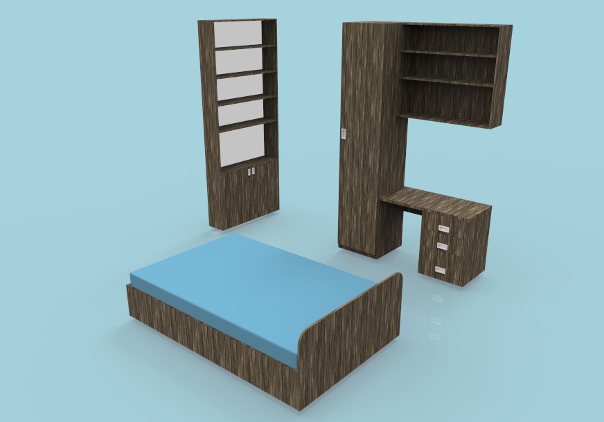 desk bedroom student accommodation furniture cupboards, wardrobe and bed